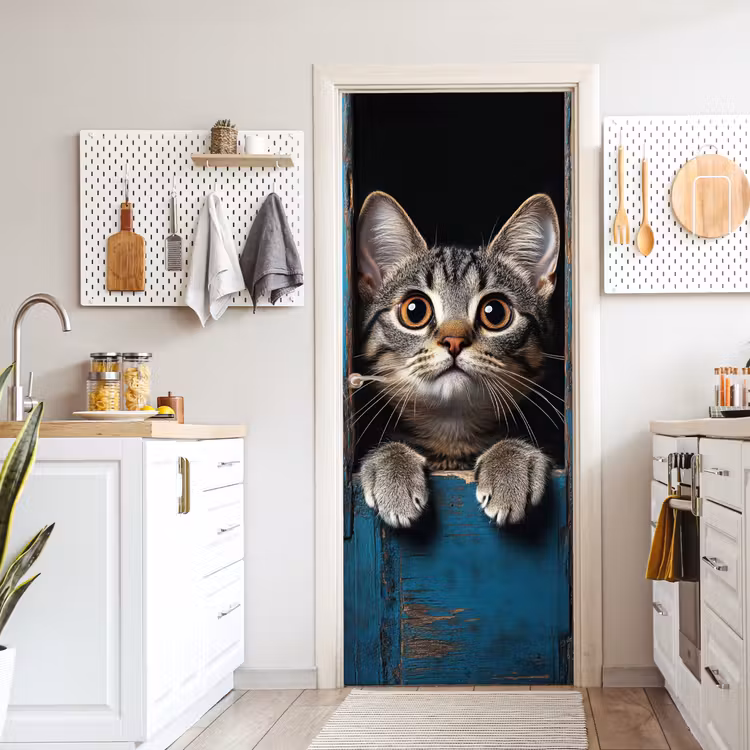 Kat - Doorkijk - Hout - Dieren - Blauw deurposter klein -sfeer5