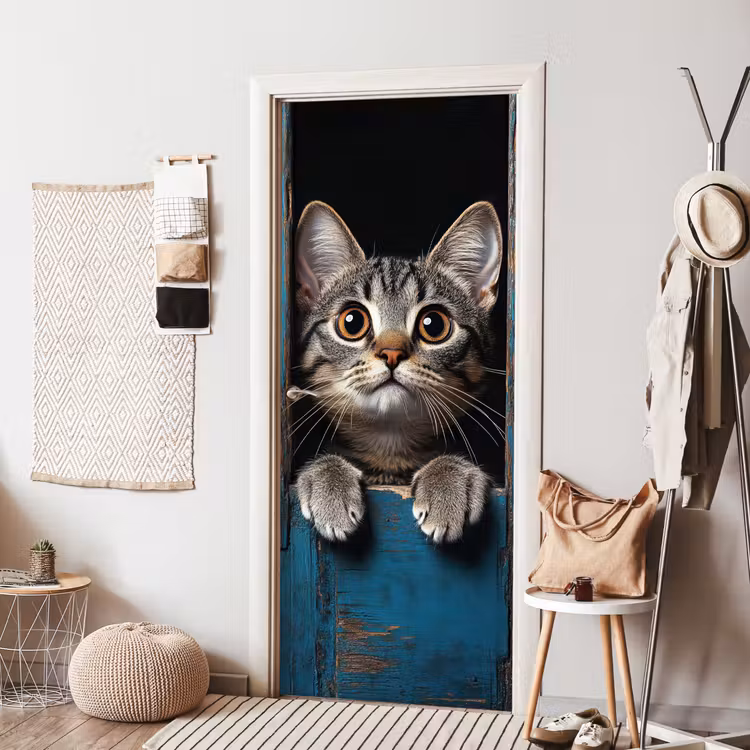 Kat - Doorkijk - Hout - Dieren - Blauw deurposter klein -sfeer6