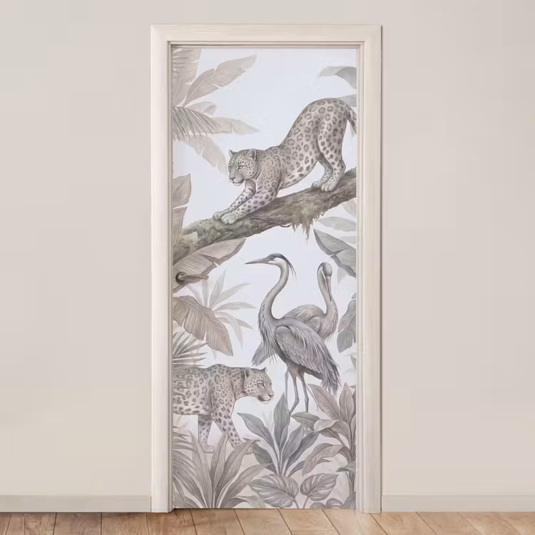 Kat - Vogel - Jungle - Illustratie - Dieren deurposter klein -3d_beige