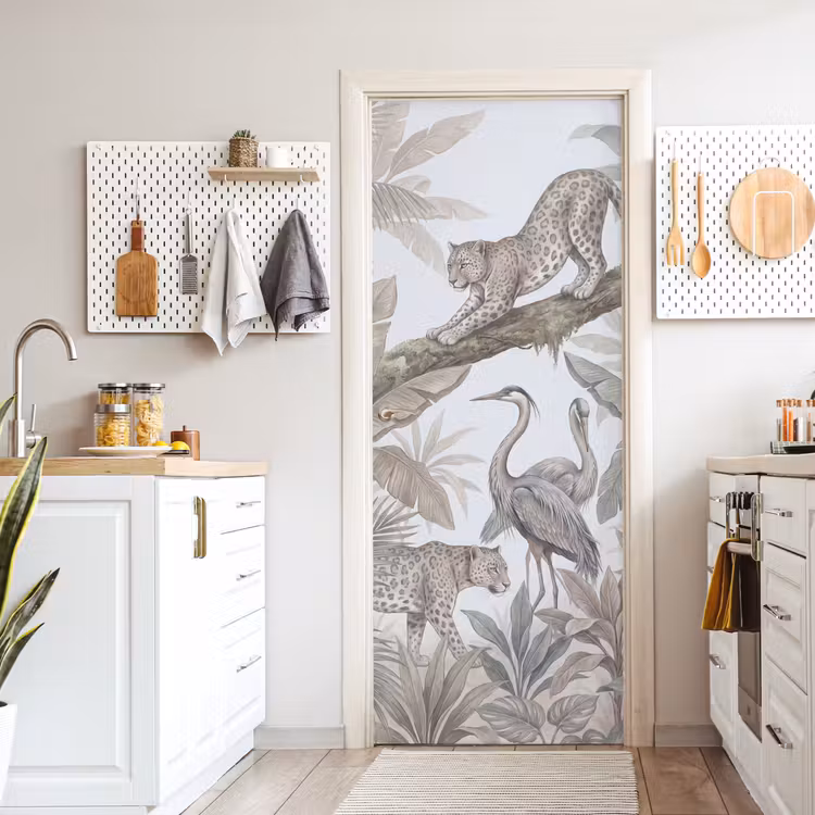 Kat - Vogel - Jungle - Illustratie - Dieren deurposter klein -sfeer5