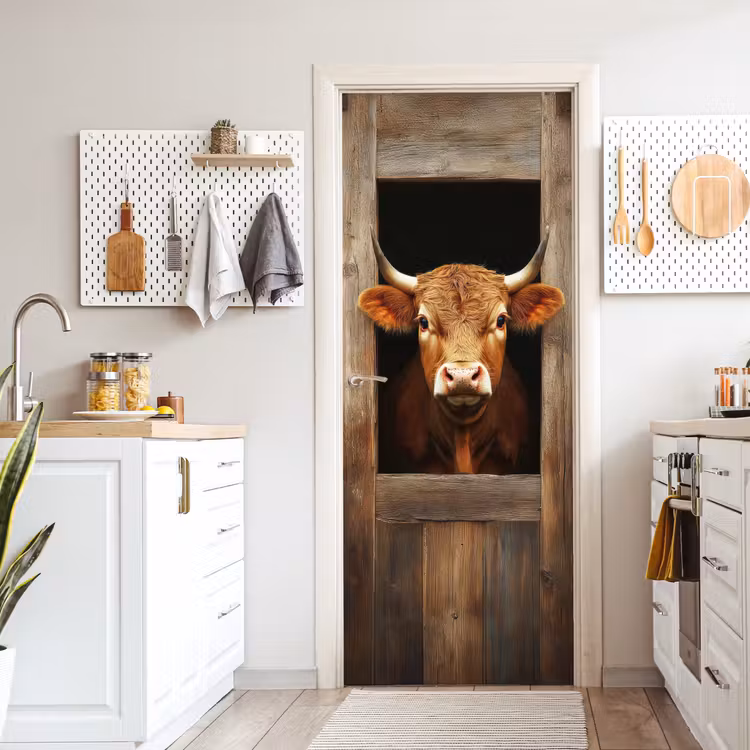 Koe - Doorkijk - Raam - Hout - Dieren deurposter klein -sfeer5