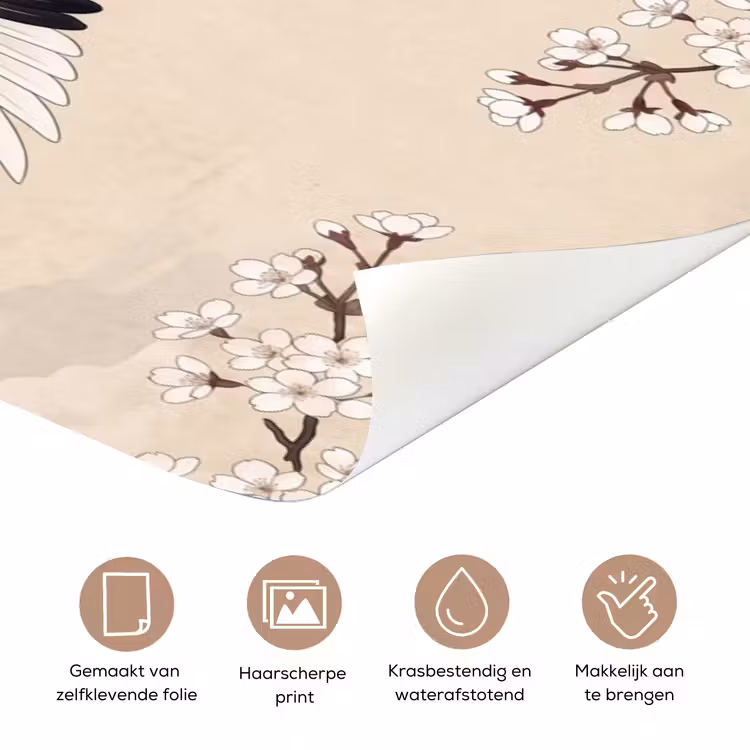 Kraanvogels - Bloesem - Beige deurposter klein -closeup_NL