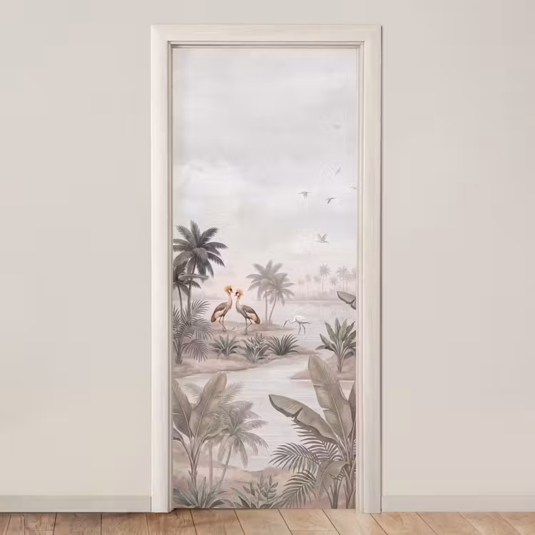 Kraanvogels - Palmbomen - Tropisch deurposter klein -3d_beige