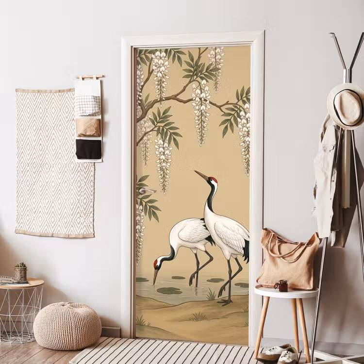 Kraanvogels - Water - Beige deurposter klein -sfeer6