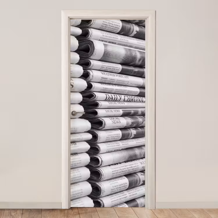 Krant - Stapel - Nieuws - Zwart-wit - Media deurposter klein -3d_beige