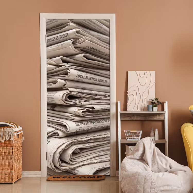 Kranten - Stapel - Nieuws - Vintage - Beige deurposter klein -sfeer1