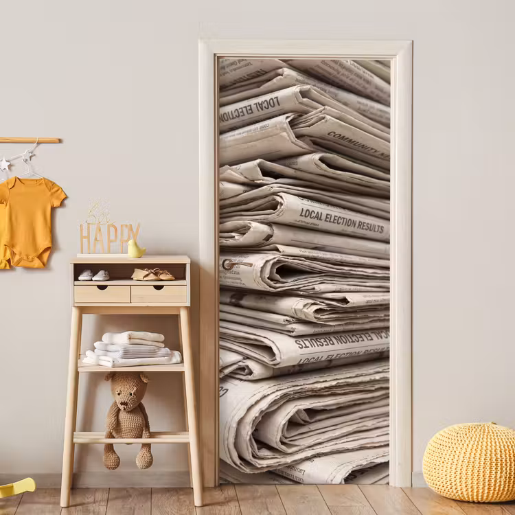 Kranten - Stapel - Nieuws - Vintage - Beige deurposter klein -sfeer4