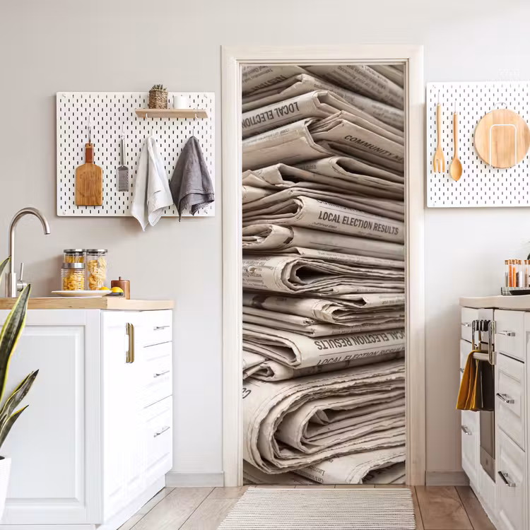 Kranten - Stapel - Nieuws - Vintage - Beige deurposter klein -sfeer5