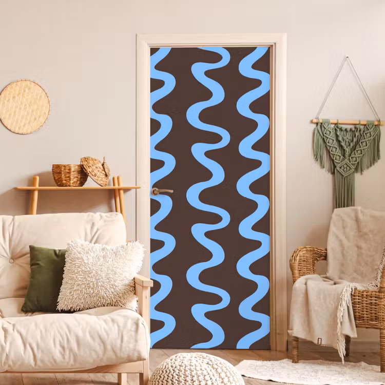 Kronkelende lijnen - Blauw - Bruin - Minimalistisch deurposter klein 289 -sfeer2