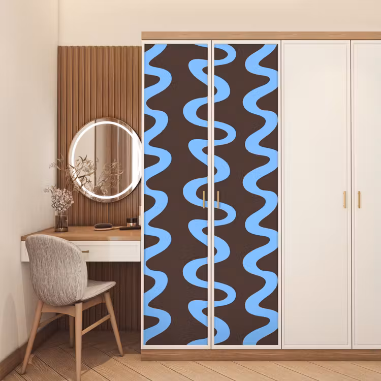 Kronkelende lijnen - Blauw - Bruin - Minimalistisch deurposter klein 289 -sfeer3