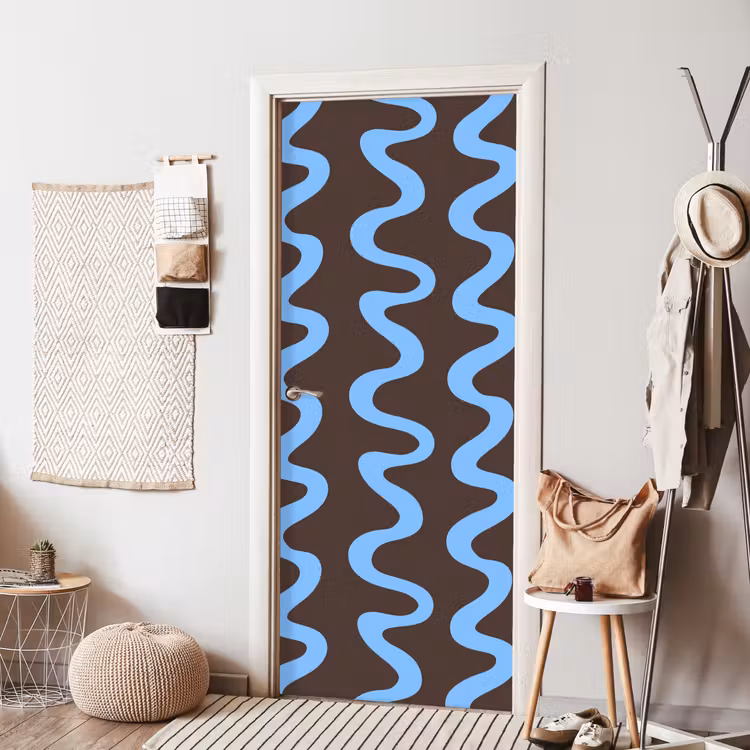 Kronkelende lijnen - Blauw - Bruin - Minimalistisch deurposter klein 289 -sfeer6