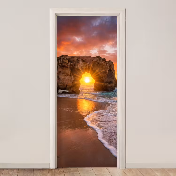 Kust - Rots - Zonsondergang - Zee - Natuur deurposter klein -3d_beige