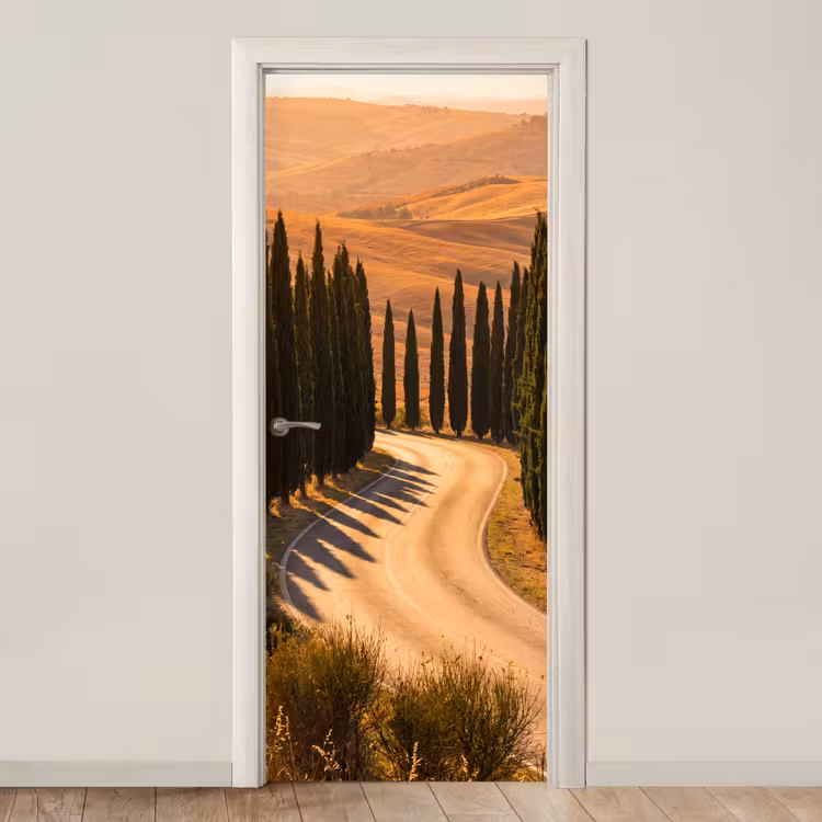 Landschap - Weg - Bomen - Natuur - Goud deurposter klein -3d_beige