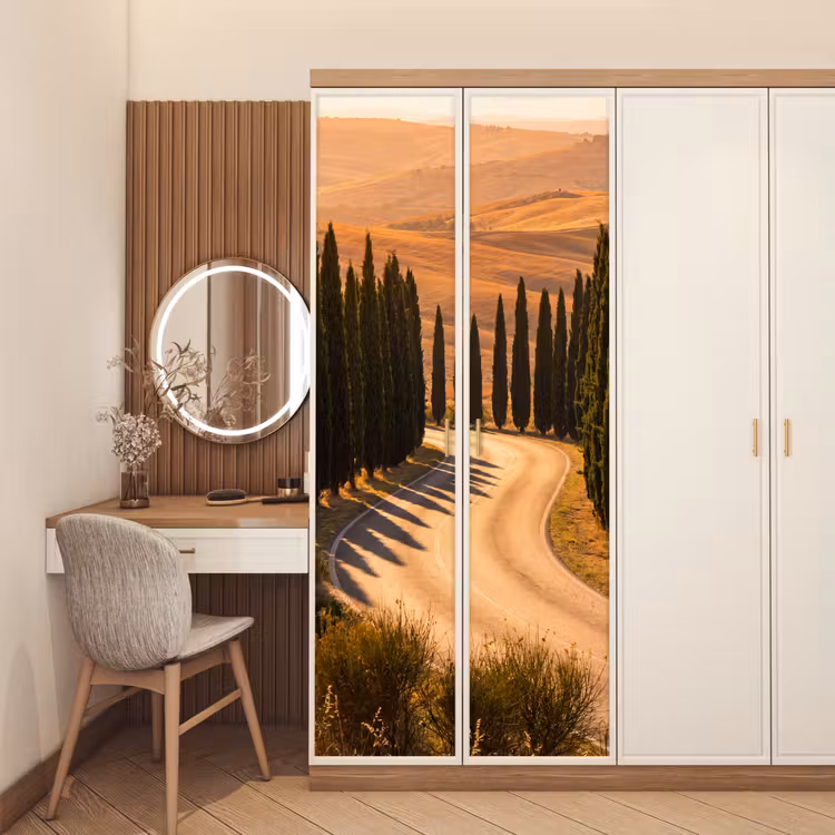 Landschap - Weg - Bomen - Natuur - Goud deurposter klein -sfeer3