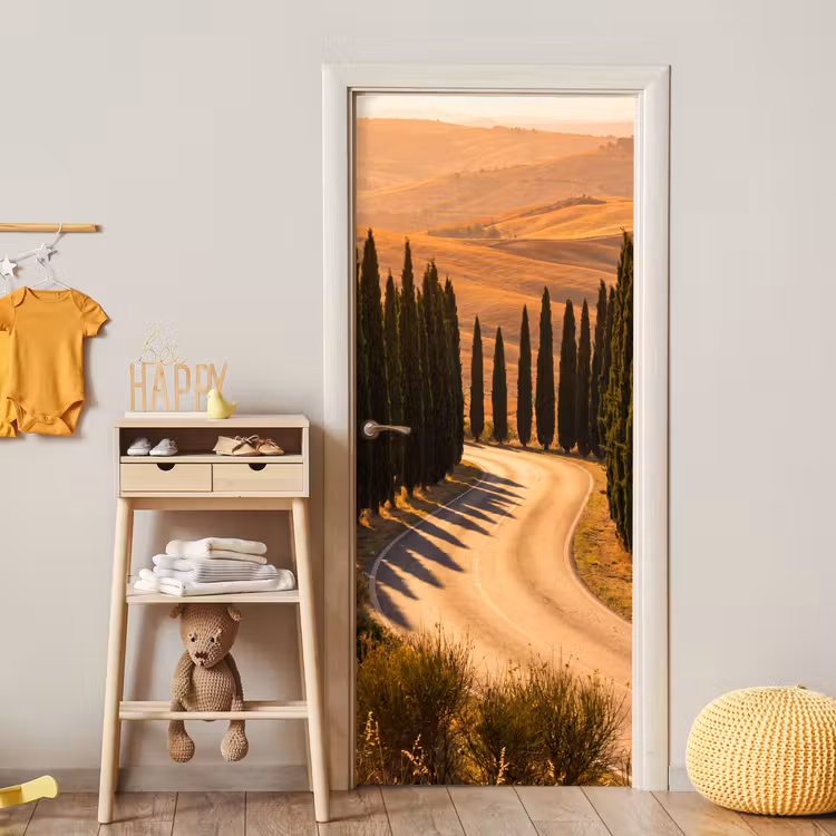 Landschap - Weg - Bomen - Natuur - Goud deurposter klein -sfeer4