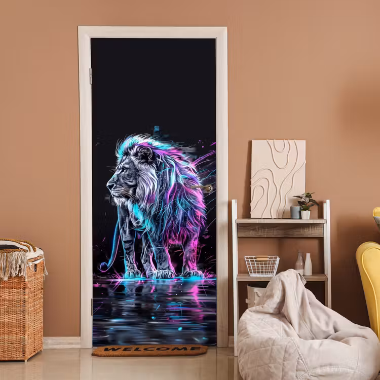 Leeuw - Kleuren - Zwart - Dieren deurposter klein -sfeer1