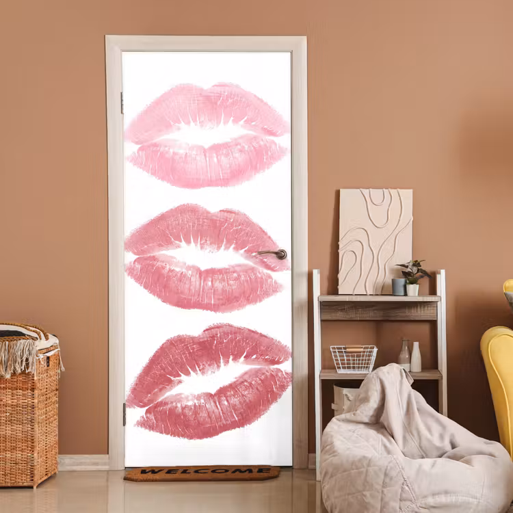 Lippen - Kusafdruk - Roze - Modern - Abstract deurposter klein -sfeer1