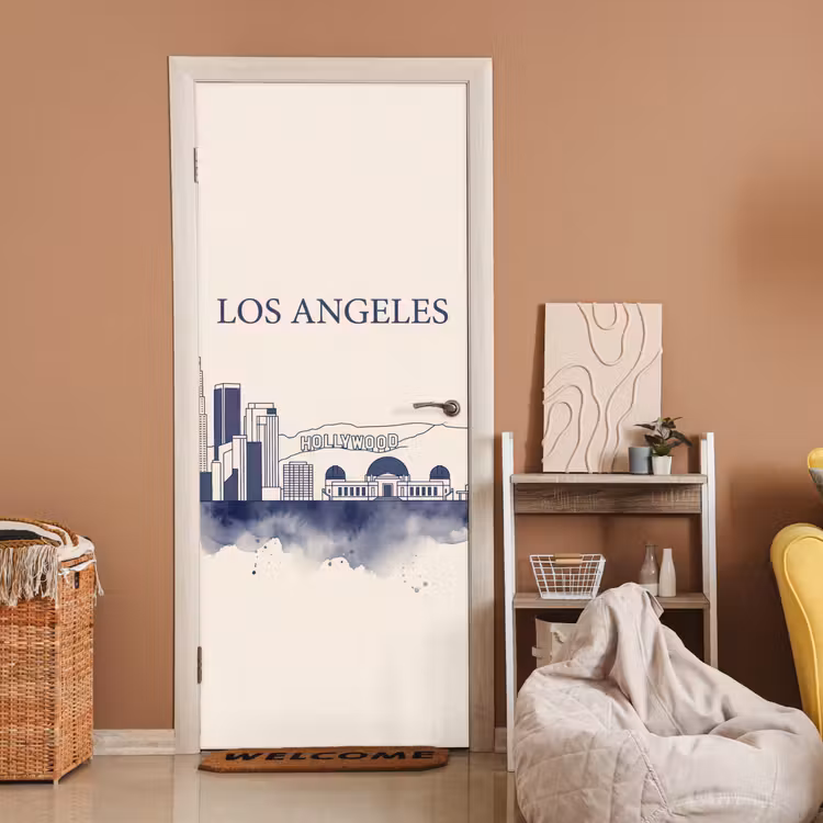 Los Angeles - Skyline - Architectuur - Aquarel - Blauw deurposter klein -sfeer1