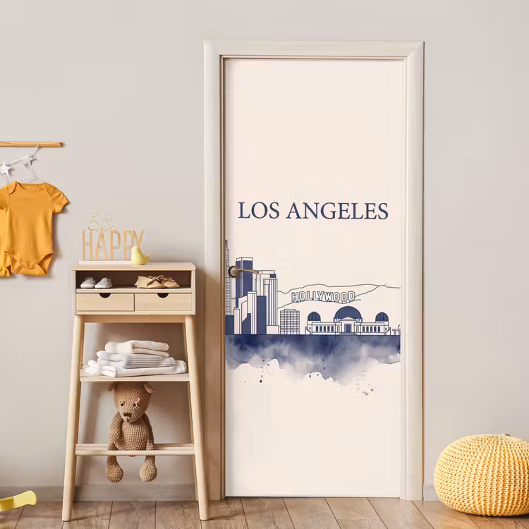 Los Angeles - Skyline - Architectuur - Aquarel - Blauw deurposter klein -sfeer4