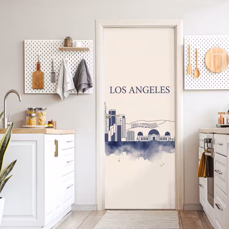Los Angeles - Skyline - Architectuur - Aquarel - Blauw deurposter klein -sfeer5