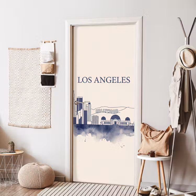 Los Angeles - Skyline - Architectuur - Aquarel - Blauw deurposter klein -sfeer6