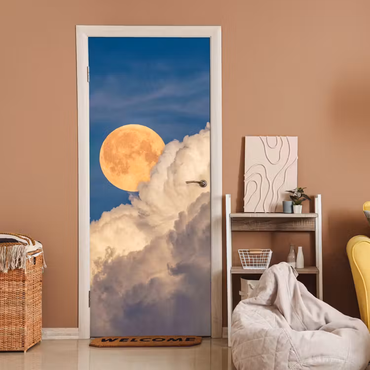 Maan - Wolken - Natuur - Oranje deurposter klein -sfeer1