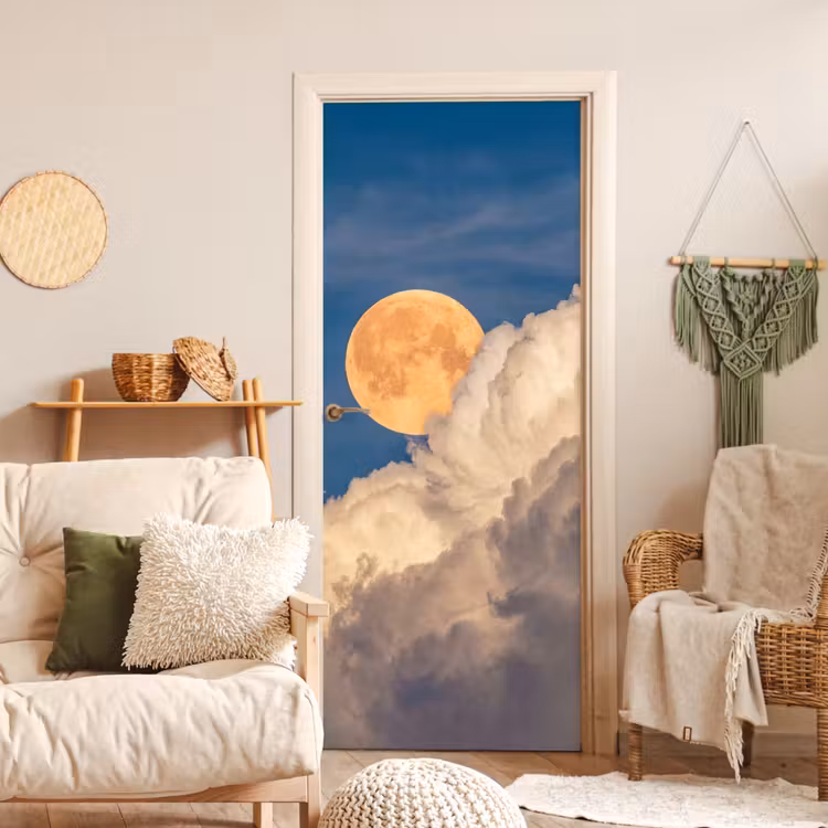 Maan - Wolken - Natuur - Oranje deurposter klein -sfeer2
