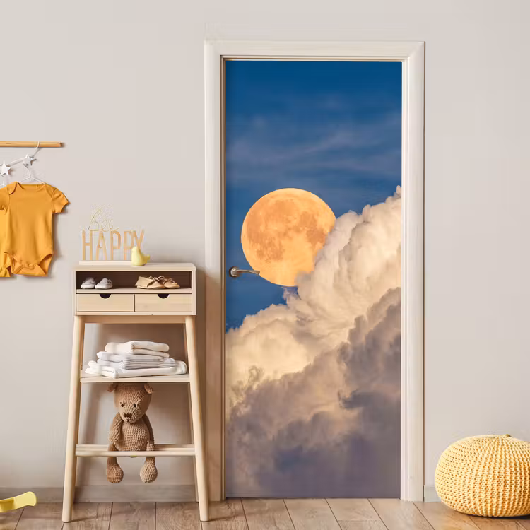 Maan - Wolken - Natuur - Oranje deurposter klein -sfeer4