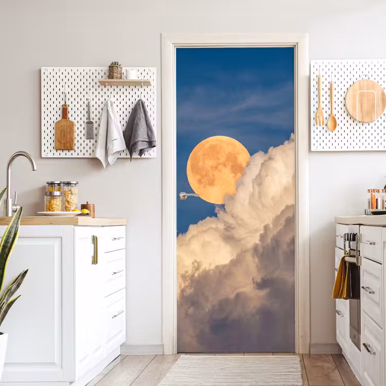Maan - Wolken - Natuur - Oranje deurposter klein -sfeer5