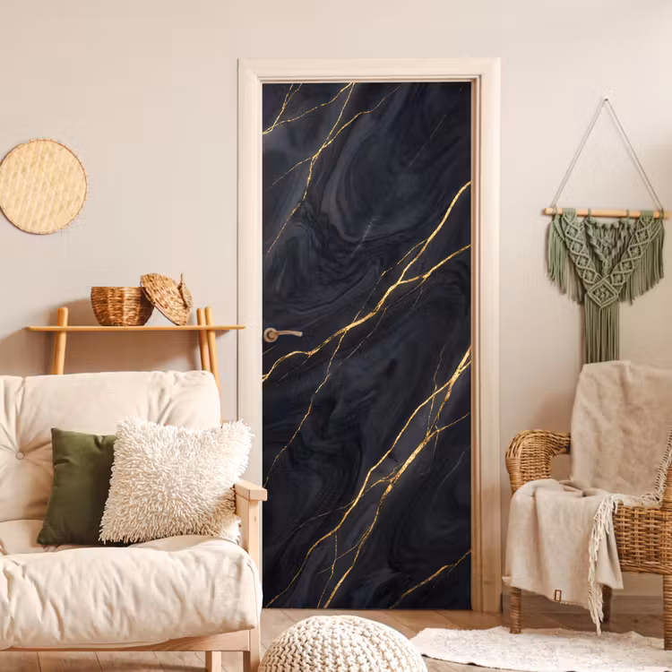 Marmer - Goudaders - Abstract - Modern - Zwart deurposter klein -sfeer2