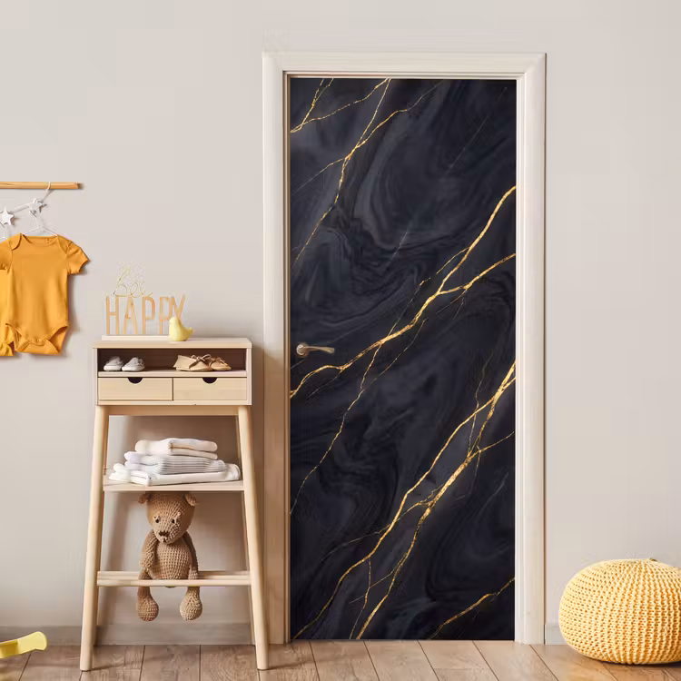 Marmer - Goudaders - Abstract - Modern - Zwart deurposter klein -sfeer4