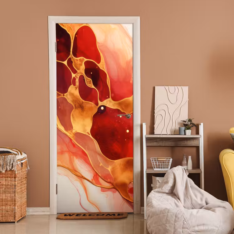 Marmer - Rood - Goud - Modern - Abstract deurposter klein -sfeer1