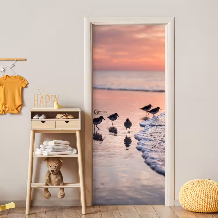 Meeuwen - Strand - Zee - Roze deurposter klein -sfeer4