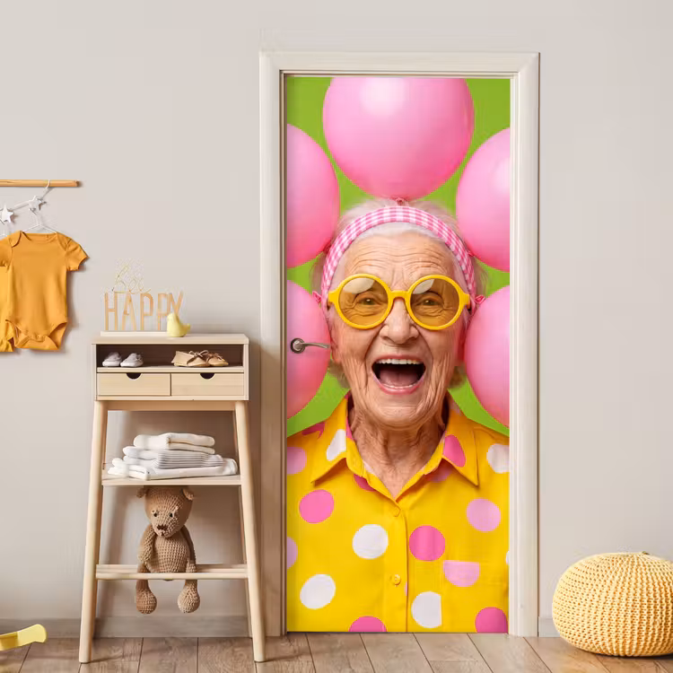 Mens - Ballonnen - Feest - Kleurrijk - Roze deurposter klein -sfeer4