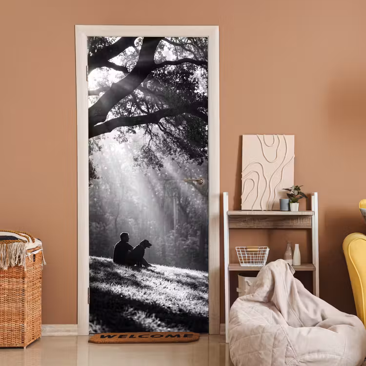 Mens - Hond - Natuur - Zwart-wit - Silhouet deurposter klein -sfeer1