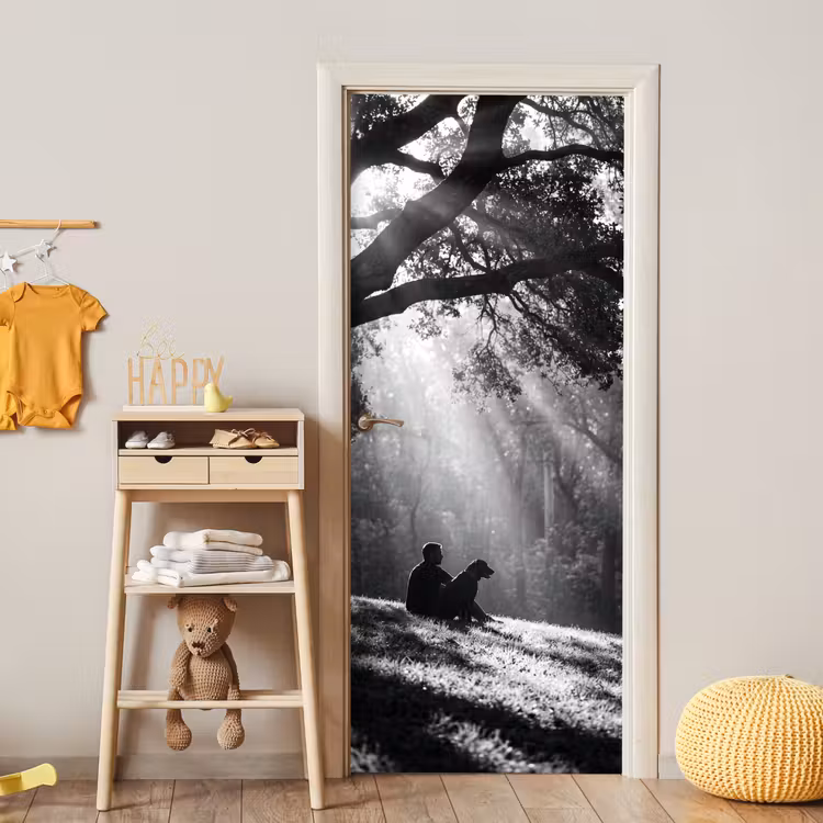 Mens - Hond - Natuur - Zwart-wit - Silhouet deurposter klein -sfeer4