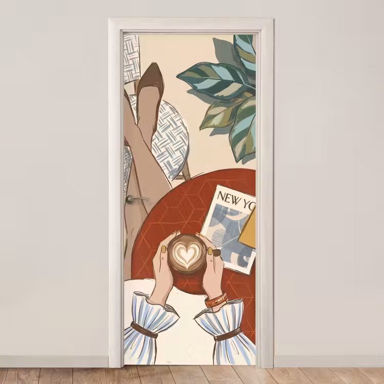 Mensen - Cafe - Koffie - Stadsleven - Modern deurposter klein -3d_beige