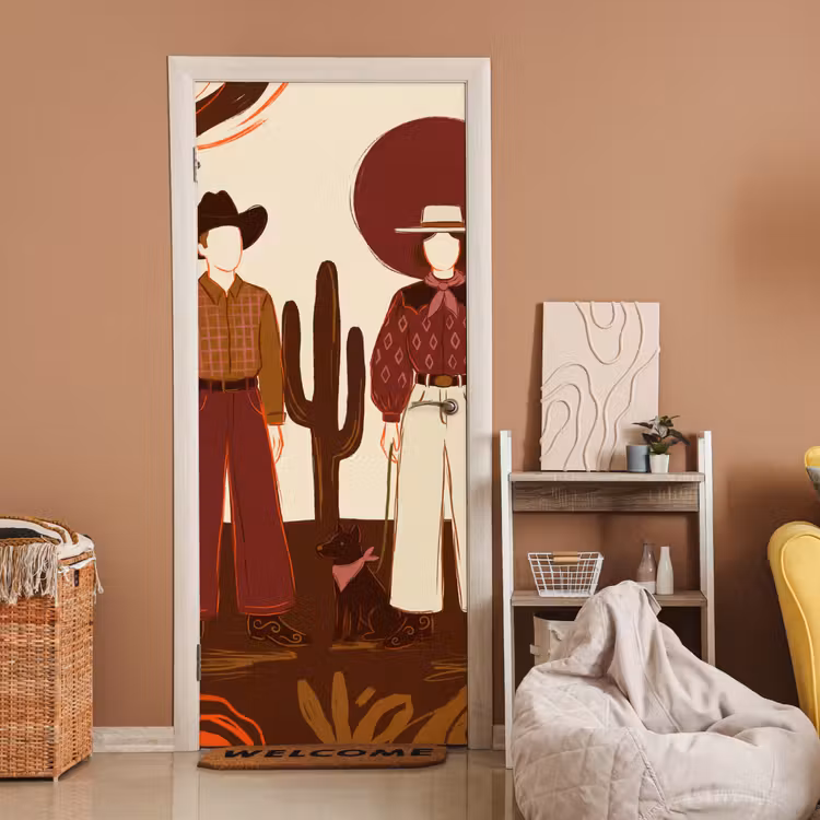 Mensen - Cowboykleding - Westerse stijl - Illustratie - Bruin deurposter klein -sfeer1