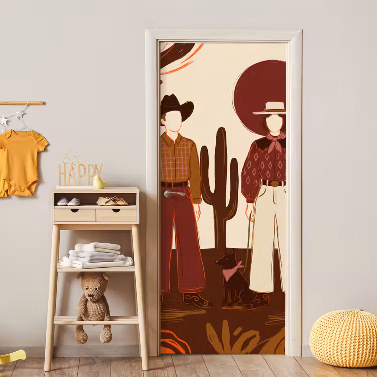 Mensen - Cowboykleding - Westerse stijl - Illustratie - Bruin deurposter klein -sfeer4