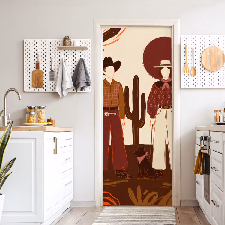Mensen - Cowboykleding - Westerse stijl - Illustratie - Bruin deurposter klein -sfeer5