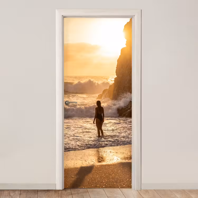 Mensen - Oceaan - Zonsondergang - Kust - Goud deurposter klein -3d_beige