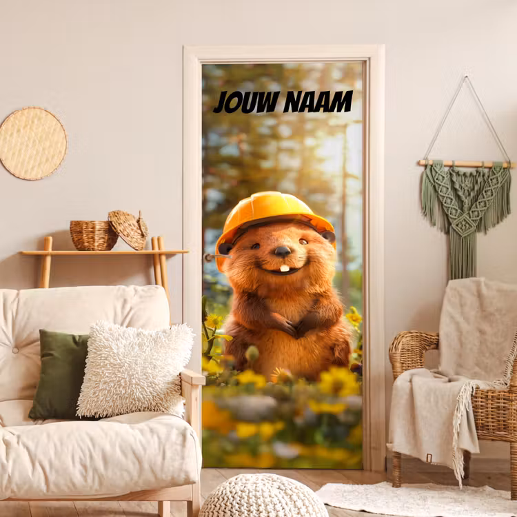 Schattige bever met bouwhelm tussen bloemen en de tekst “Deze kamer is van: jouw naam”. deurposter klein -sfeer2