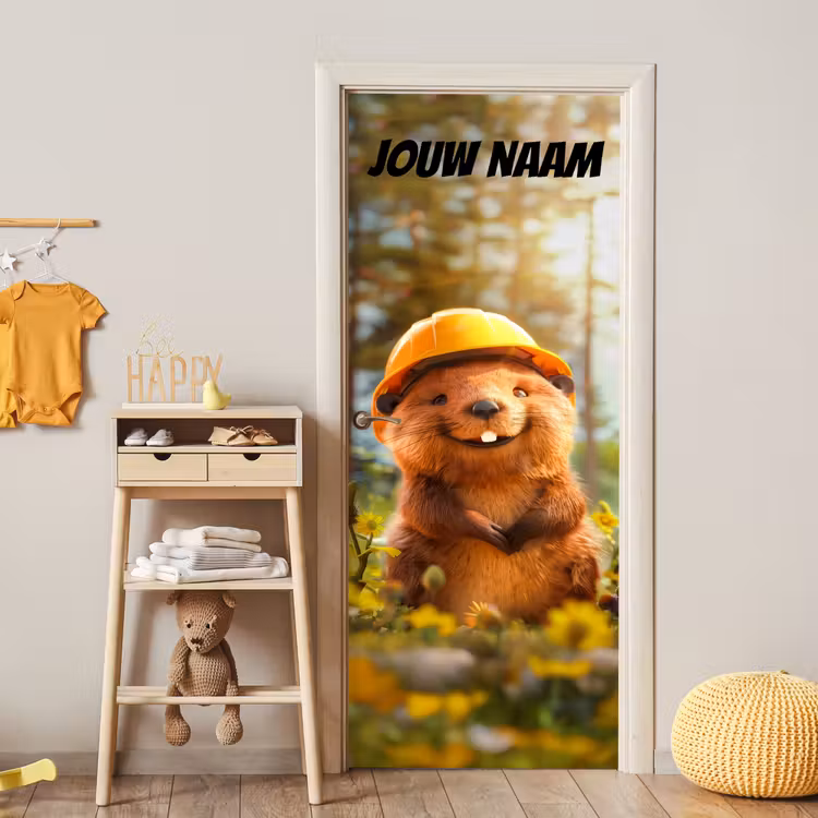 Schattige bever met bouwhelm tussen bloemen en de tekst “Deze kamer is van: jouw naam”. deurposter klein -sfeer4