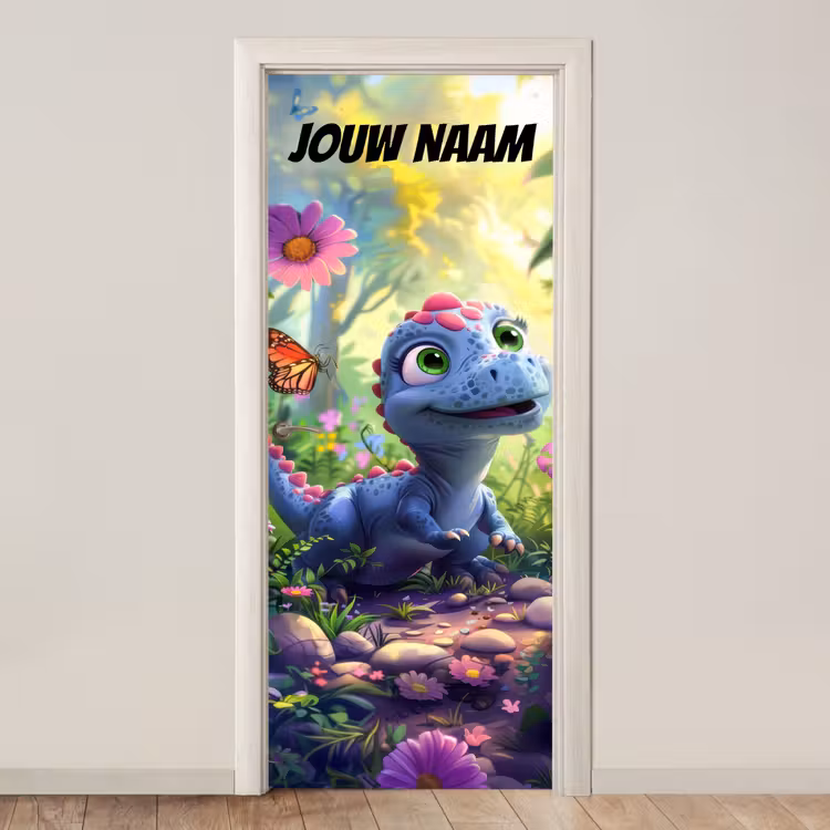 Schattige dinosaurus in een bloemenveld met de tekst “Deze kamer is van: jouw naam”. deurposter klein -3d_beige