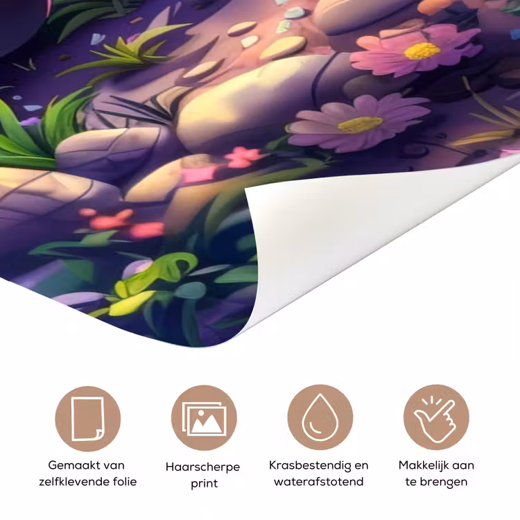 Schattige dinosaurus in een bloemenveld met de tekst “Deze kamer is van: jouw naam”. deurposter klein -closeup_NL