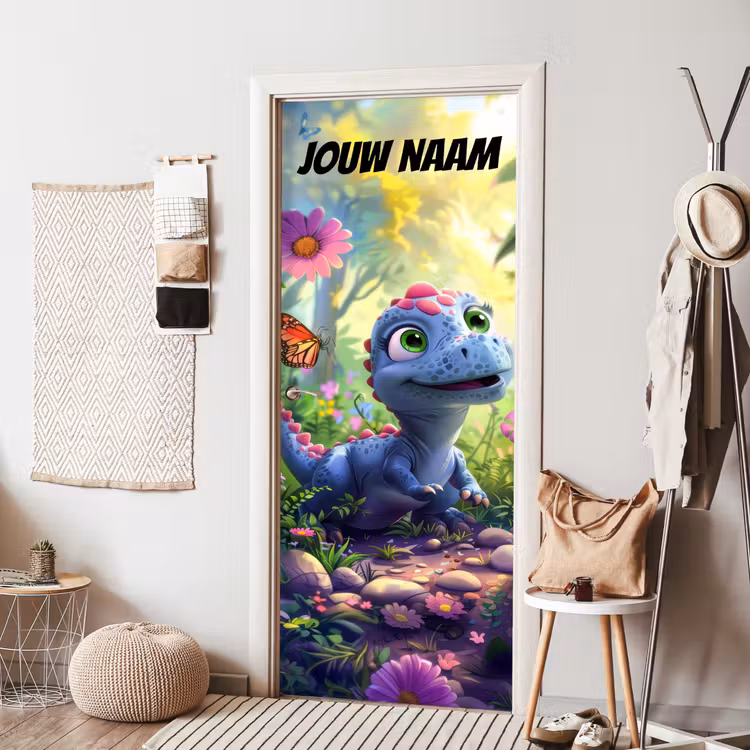 Schattige dinosaurus in een bloemenveld met de tekst “Deze kamer is van: jouw naam”. deurposter klein -sfeer6