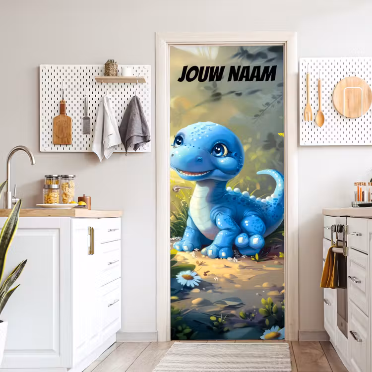 Schattige blauwe dinosaurus in het bos met de tekst “Deze kamer is van: jouw naam”. deurposter klein -sfeer5