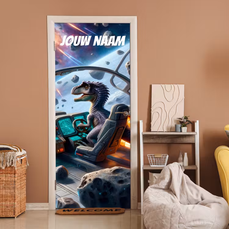 Dinosaurus als piloot in een ruimteschip tussen asteroïden met personaliseerbare tekst bovenaan. deurposter klein -sfeer1