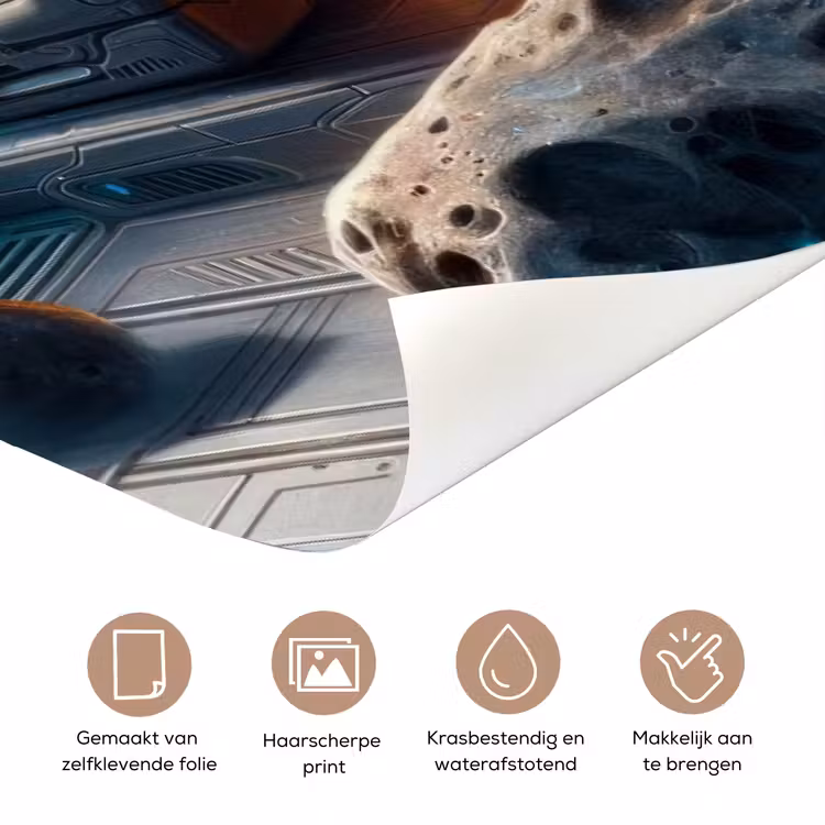 Dinosaurus als piloot in een ruimteschip tussen asteroïden met personaliseerbare tekst bovenaan. deurposter klein -closeup_NL