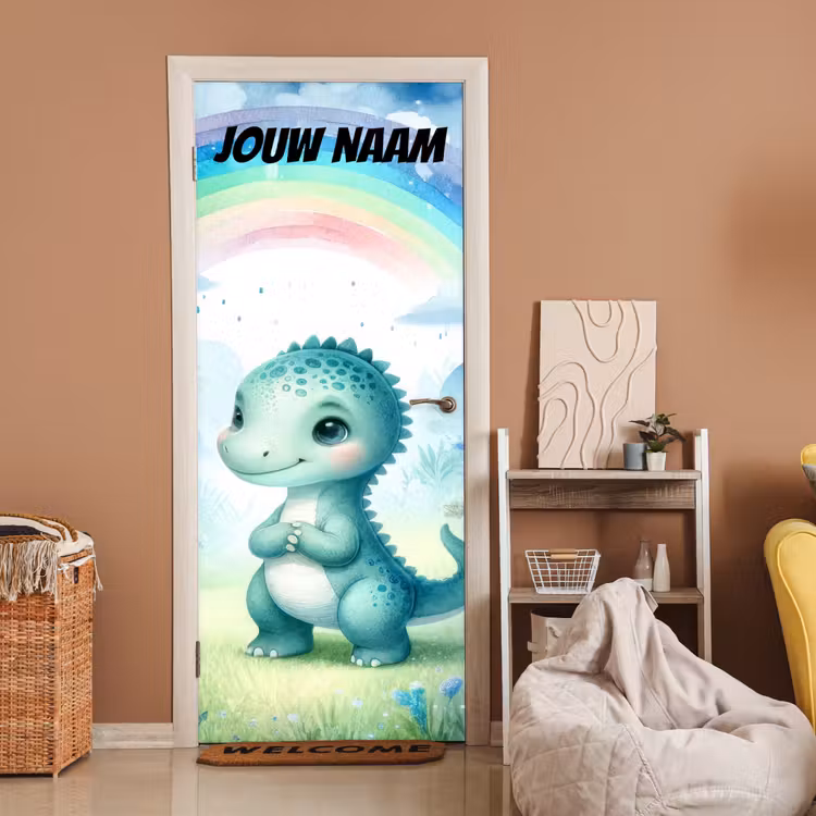 Schattige dinosaurus onder een regenboog met de tekst “Deze kamer is van: jouw naam”. deurposter klein -sfeer1
